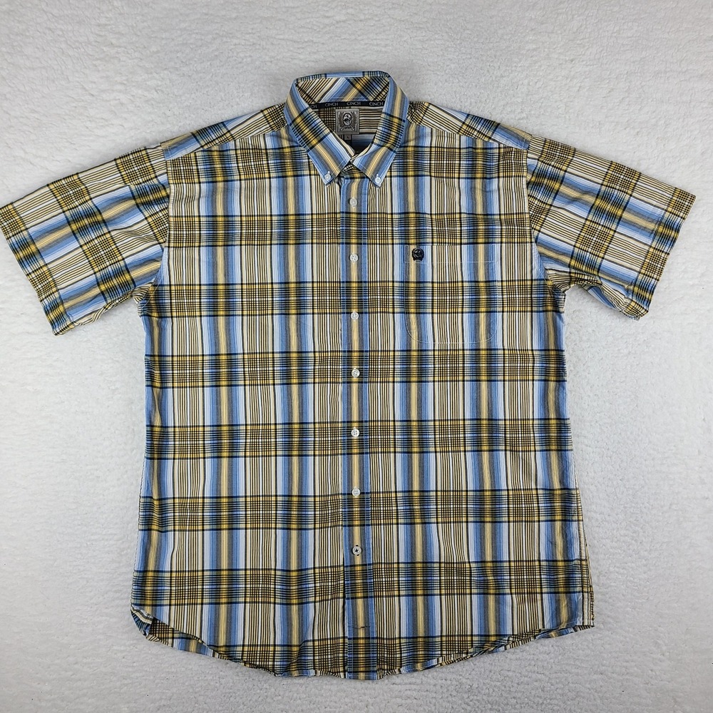 CINCH Shirt Mens Large Blue Yellow Black Plaid Casual Button Up Short Sleeve*